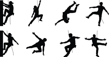 Rock climbing silhouettes, black vector climbers, rope safety poses, extreme sport graphics, wall climbing icons, adventure design elements, harness forms