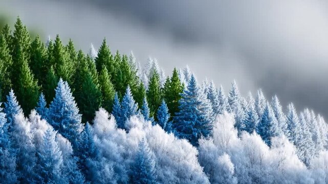 Nature's contrast: The image reveals a stunning juxtaposition of seasons in a majestic forest landscape. The scene is split, with one half showcasing vibrant, verdant trees.