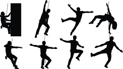 Rock climbing silhouettes, black vector icons, climber poses, rope safety graphics, extreme sport elements, wall climbing design assets, adventure illustrations