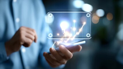 Business hand touching mobile analytics dashboard with lightbulb growth opportunity creative app optimization digital engagement strategy metrics floating face defocused with - Powered by Adobe