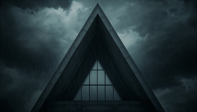 Modern building triangular architecture concrete glass window stormy sky clouds dramatic ominous dark rainy urban structure exterior generative AI
