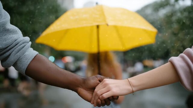Close-up of hands sharing an umbrella with droplets falling around, symbolizing everyday generosity, considerate behavior, and human connection in public spaces. cinematic color correction, natural