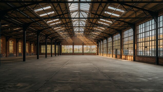 Empty industrial space high ceiling skylight large windows concrete floor brick walls metal beams natural light generative AI