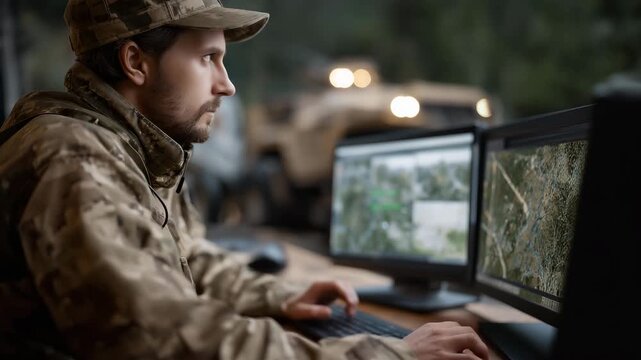 Close-up of operator monitoring ground vehicle telemetry on digital console, highlighting remote military robotics, AI navigation systems, and tactical unmanned vehicle deployment. cinematic color