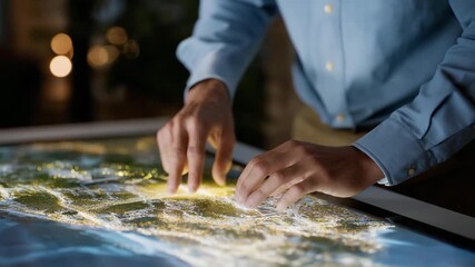 Close-up of planner interacting with 3D holographic city model, highlighting potential parks and eco-projects, emphasizing digital urban analytics, environmentally conscious planning, and immersive