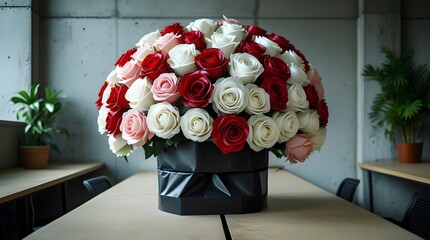 Enormous Hand-Tied Bouquet of Mixed Roses Wrapped in Black Paper on Wooden Desk