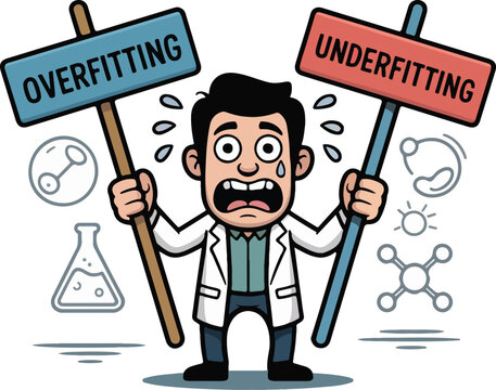 Cartoon scientist stressed holding signs for overfitting and underfitting worried anxious