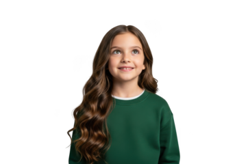 A young girl with long wavy brown hair smiles and looks upwards with a hopeful expression isolated on transparent background