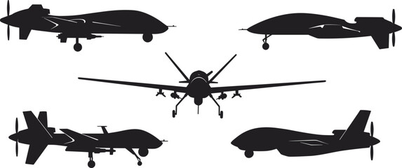 Military drone silhouettes collection, unmanned aerial vehicles, modern technology aircraft illustration, surveillance drone, combat UAV design, defense aviation concept, vector art