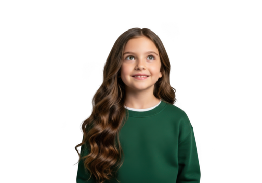 A young girl with long wavy brown hair smiles and looks upwards with a hopeful expression isolated on transparent background