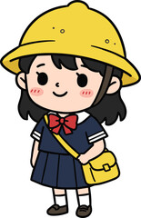 Cute schoolgirl illustration, cartoon child in yellow hat, navy uniform student, kawaii girl art, smiling character design
