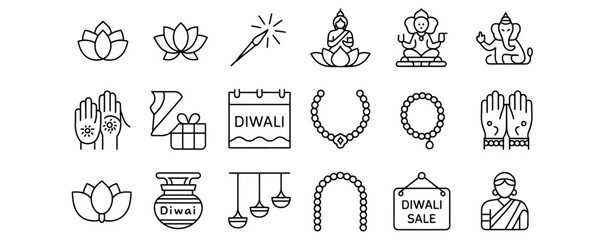Celebrate Diwali with this elegant line art collection of traditional symbols, bringing light, joy, and prosperity to your festive designs