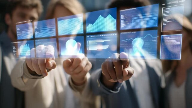Close-up of team members pointing at holographic visualizations of consumer behavior metrics, highlighting trends and engagement opportunities, emphasizing digital marketing intelligence,