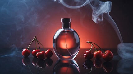Aromatic glass bottle with glowing cherry fruit and wisps of smoke creating a mysterious and alluring atmosphere