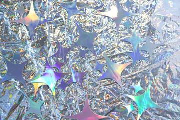 Iridescent holographic foil mosaic with star shapes and crumpled metallic texture background
