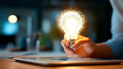 Hand holding stylus writing on tablet with lightbulb sketch transforming into 3D hologram with data streams creative brainstorming digital ideation process marketing innovation - Powered by Adobe