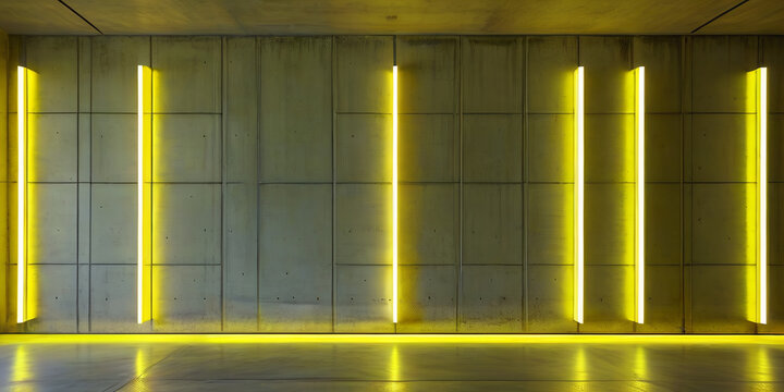 Minimalist architectural interior with sharp glowing geometric light border - brutalist concrete
