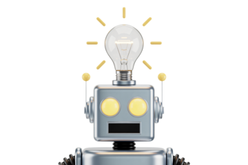 Innovative robot character with glowing lightbulb brain, a symbol of artificial intelligence, machine learning and creative solutions for business and technology