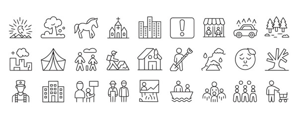 Comprehensive vector icons depicting disaster relief, healthcare, education, and community support for humanitarian aid campaigns and social issues
