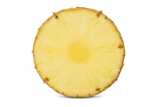Pineapple slice cut in half displaying fresh, juicy yellow pulp and core, clean food with transparent background