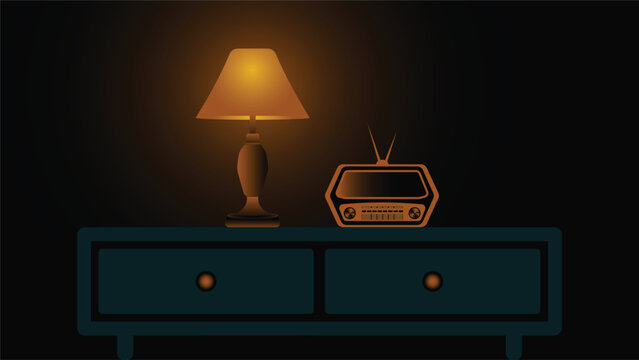 Cozy interior background featuring a warm glowing lamp and retro radio placed on a dark cabinet. Ideal for home decor themes night scenes ambience designs and nostalgic concepts.