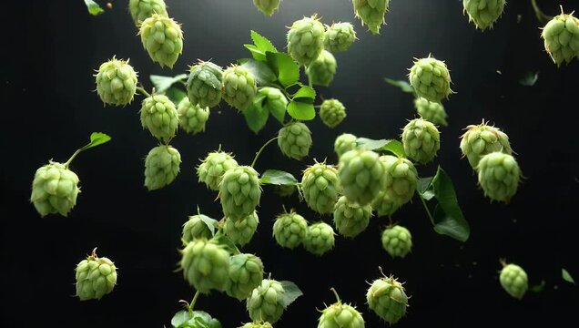Stunning 4K super slow motion macro shooting from a bottom up perspective capturing a massive quantity of textured green hop cones falling down directly towards the camera completely isolated on a
