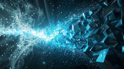 Futuristic Blue Data Explosion with Sharp Geometric Shapes and Light Streaks