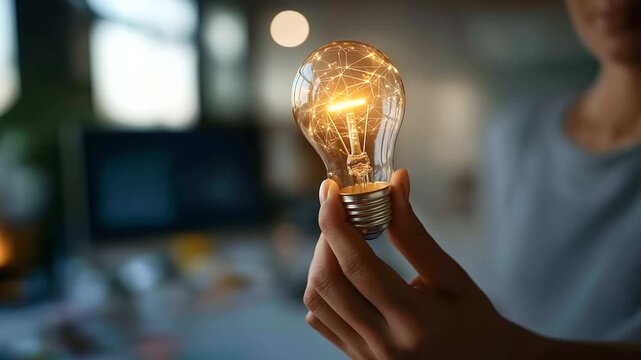 Hand pointing at data visualization with lightbulb pattern discovery insight creative analytics digital marketing intelligence dashboard visible face not shown professional