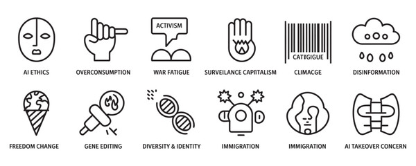 Explore global issues and modern concerns with this icon set for presentations or website design today