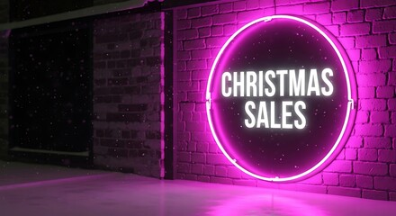 Christmas sales neon sign glowing on brick wall at night