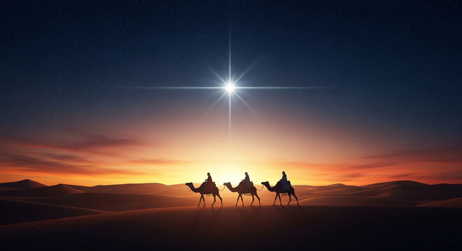 Three wise men on camels following the star in the desert at sunrise or sunset landscape view - Powered by Adobe