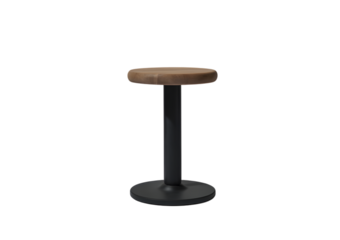 Minimalist stool with round wooden seat and black metal base.