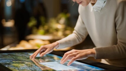 Close-up of visitor interacting with touchscreen display to explore product details in a pop-up shop, highlighting digital engagement, interactive brand presentation, and modern consumer - Powered by Adobe