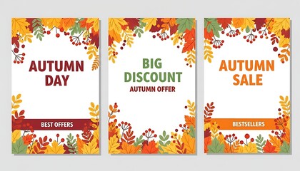Autumn sale and discount posters with colorful leaves border
