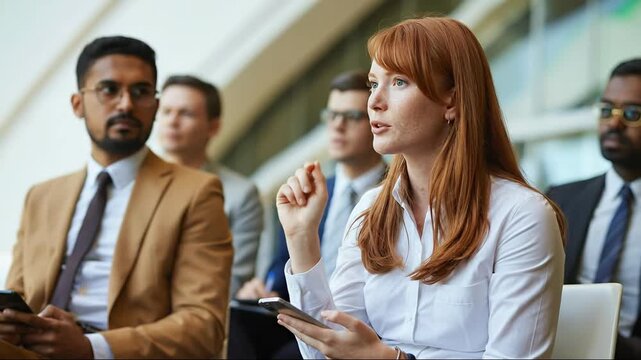 Business conference audience raising hand asking question during presentation seminar meeting event 100