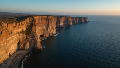 Aerial view of cliffs along the coast at sunset or sunrise