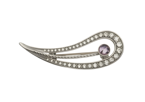 Elegant silver brooch with a teardrop design, adorned with sparkling crystals and a central purple gemstone.