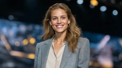 Confident female veteran giving a keynote presentation at a technology conference, speaking about resilience and leadership on a stage with futuristic visuals — concept of women in tech,