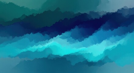 Abstract watercolor painting with layers of blue and teal hues, creating a sense of depth and movement, reminiscent of ocean waves or mountain ranges