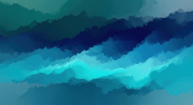 Abstract watercolor painting with layers of blue and teal hues, creating a sense of depth and movement, reminiscent of ocean waves or mountain ranges
