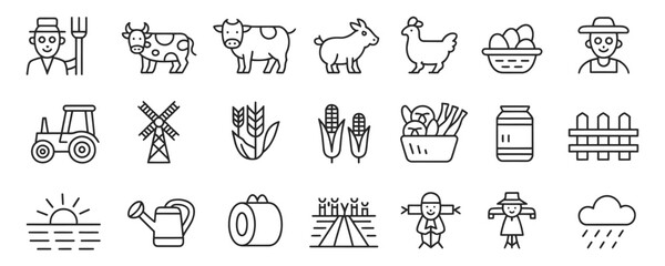Fototapeta premium Charming farm icons set featuring farmer, crops, animals, and pastoral elements for website design and rural lifestyle projects