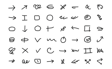 Hand drawn doodle icon set with arrows circles squares and checkmarks