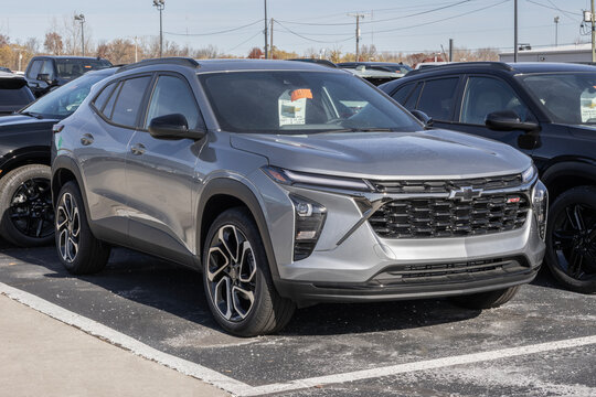 Chevrolet Trax 2RS Compact SUV display at a dealership. Chevy offers the Trax with a 1.2L Ecotec Turbocharged engine. MY:2026