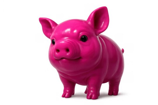 Pink piggy bank figurine standing on transparent background, symbolizing saving money, finance, investment, and wealth