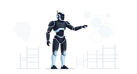 Futuristic Humanoid Robot Interacting with Holographic Interface on a White Background