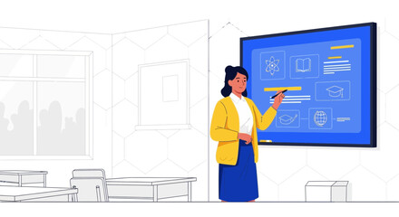Illustration depicting a teacher presenting educational material in a classroom setting utilizing
