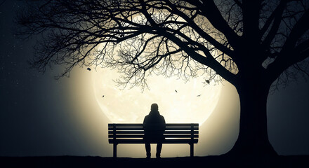 Contemplative figure silhouetted on park bench under luminous moon, evoking peaceful solitude and inspiring thoughtful reflection