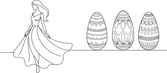 Stylized woman and Easter egg illustration—black-and-white line art for fashion, festive decor, and minimalist seasonal visuals
