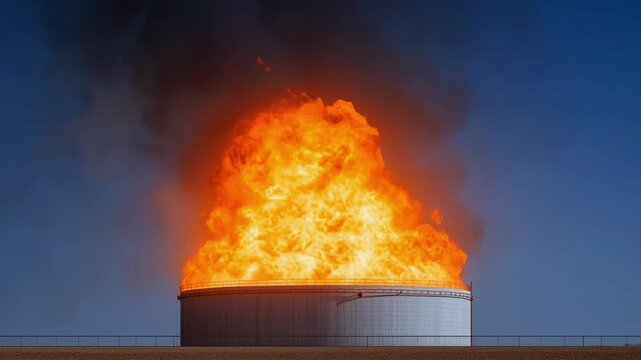 Intense flames surge upward from a large industrial storage tank as fire expands and thick smoke increases across five chronological frames revealing escalating heat and upward motion