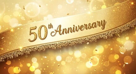 Golden shimmering banner displays happy golden anniversary text against bokeh background